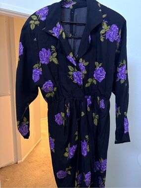 Vintage Black Dress with Purple Rose Print